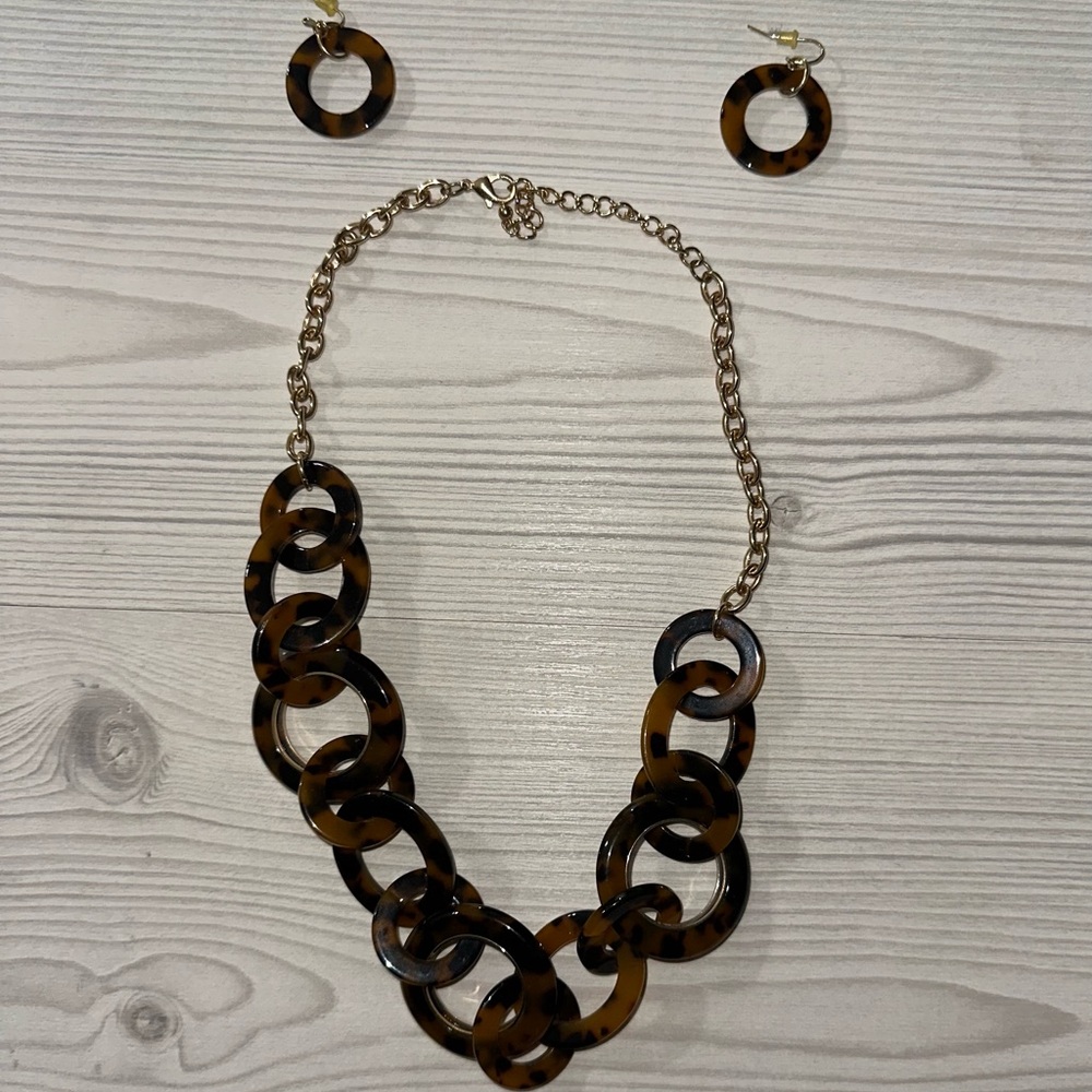 Tortoiseshell Link Necklace and Earrings Set - Brown Chain Statement Jewelry